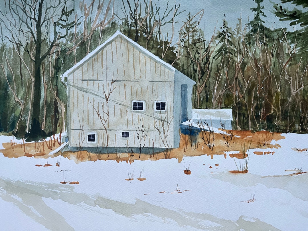 White Barn in Snow Watercolor Art, Original Barn Scene Watercolor Art ...