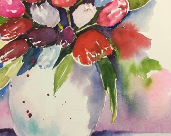 花の水彩画、花の芸術、花瓶の花の絵画 - Etsy 日本