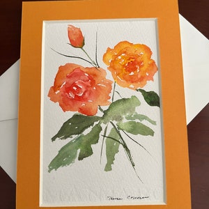 Tarjeta de felicitación con acuarela original de rosa naranja, tarjeta de acuarela floral naranja, tarjeta de nota floral en blanco