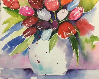 花の水彩画、花の芸術、花瓶の花の絵画 - Etsy 日本