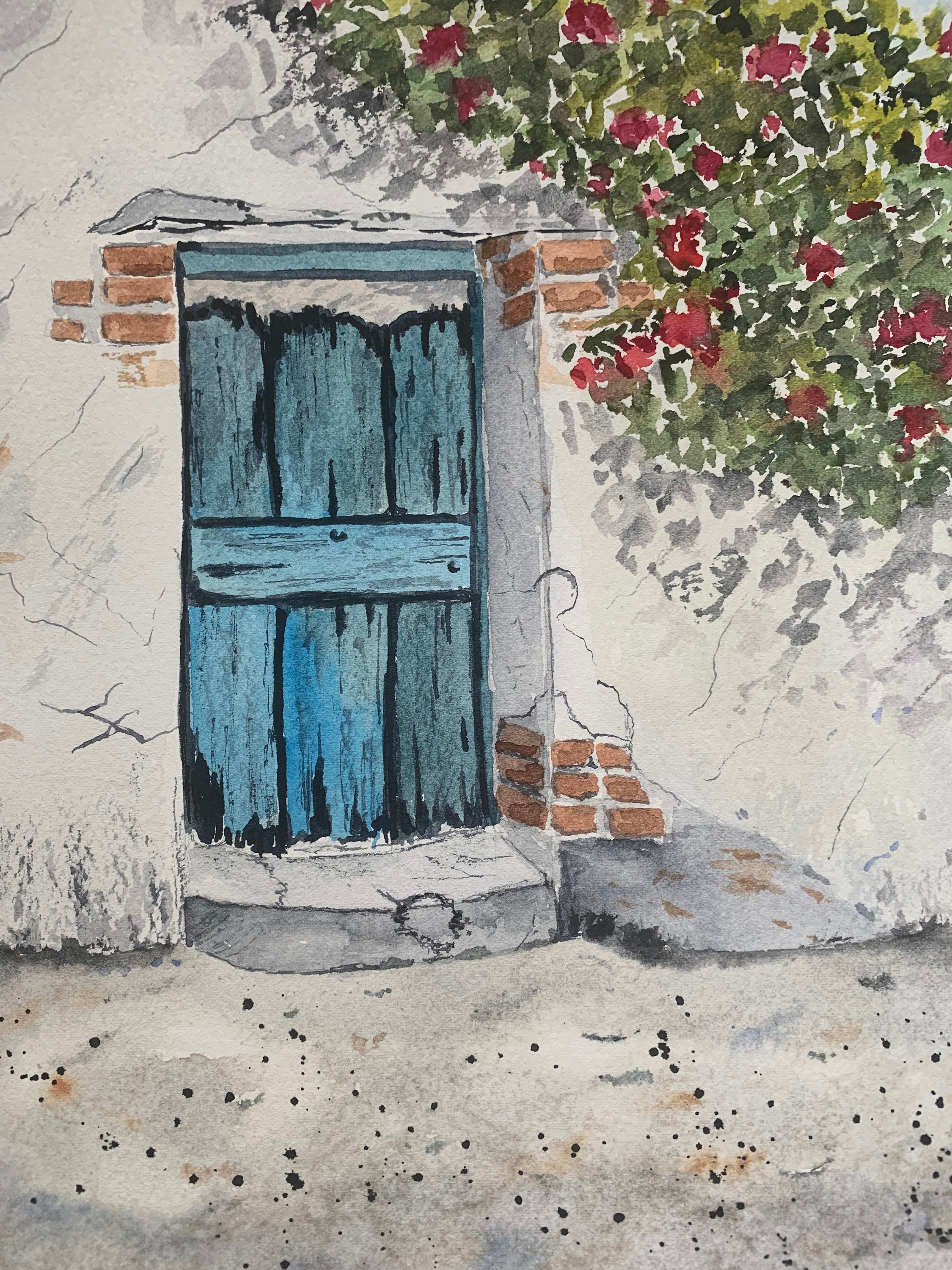 ヴィンテージの青いドアの水彩画 - アンティークの青いドアの