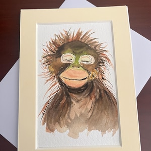 Biglietto acquerello con scimpanzé dipinto a mano, biglietto originale con scimpanzé, biglietto artistico con scimpanzé fatto a mano