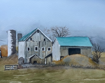 Rustic Barn Watercolor Painting, Farm Landscape Watercolor Painting, Farm House Wall Art