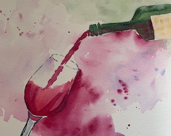 Original Red Wine Watercolor Art, Red Wine Watercolor, Kitchen Wall Art