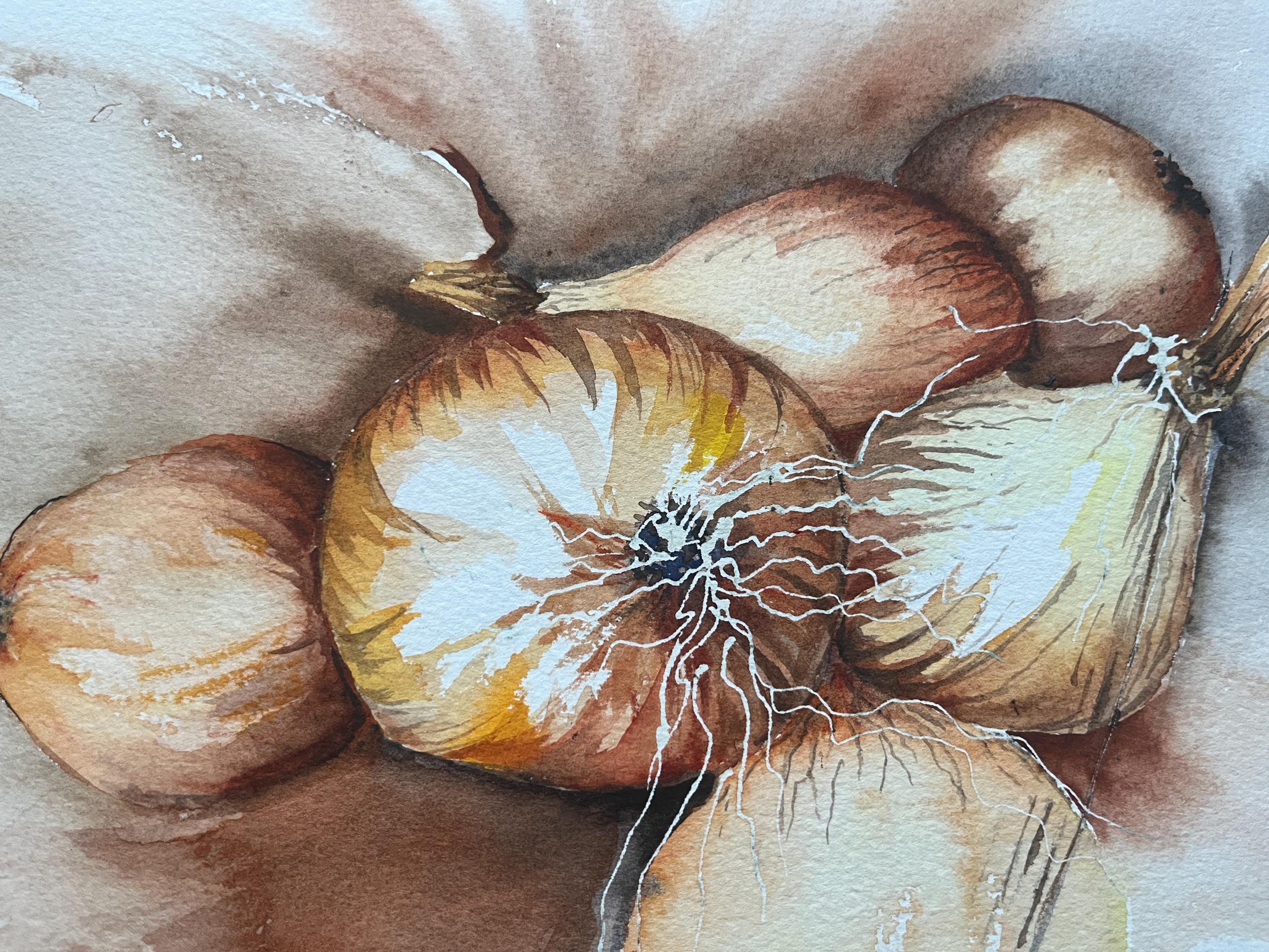 オリジナルの玉ねぎの静物画の水彩画、キッチンの水彩画、野菜の静物画