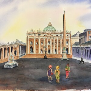 ORIGINAL St. Peter&#39;s Square Watercolor, Vatican Watercolor Painting, Italian Watercolor Art, Rome Watercolor