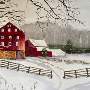 Winter Rural Landscape Watercolor Art, Original Red Barn Wall Art, Original Barn Scene Watercolor image 9