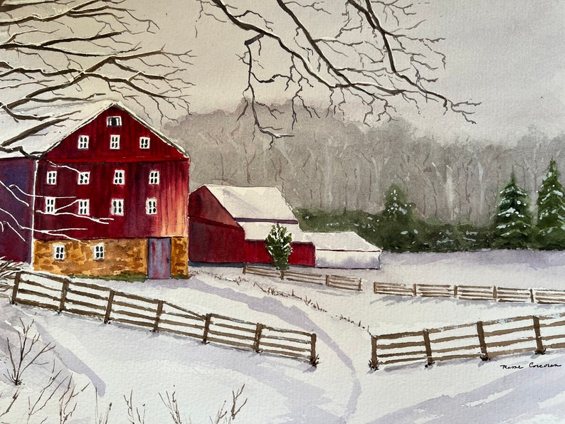 Winter Rural Landscape Watercolor Art, Original Red Barn Wall Art, Original Barn Scene Watercolor image 9