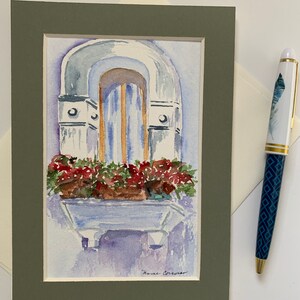 Acquerello originale, cartolina con finestra e fiori, biglietto d'auguri dipinto a mano, cartolina con finestra italiana