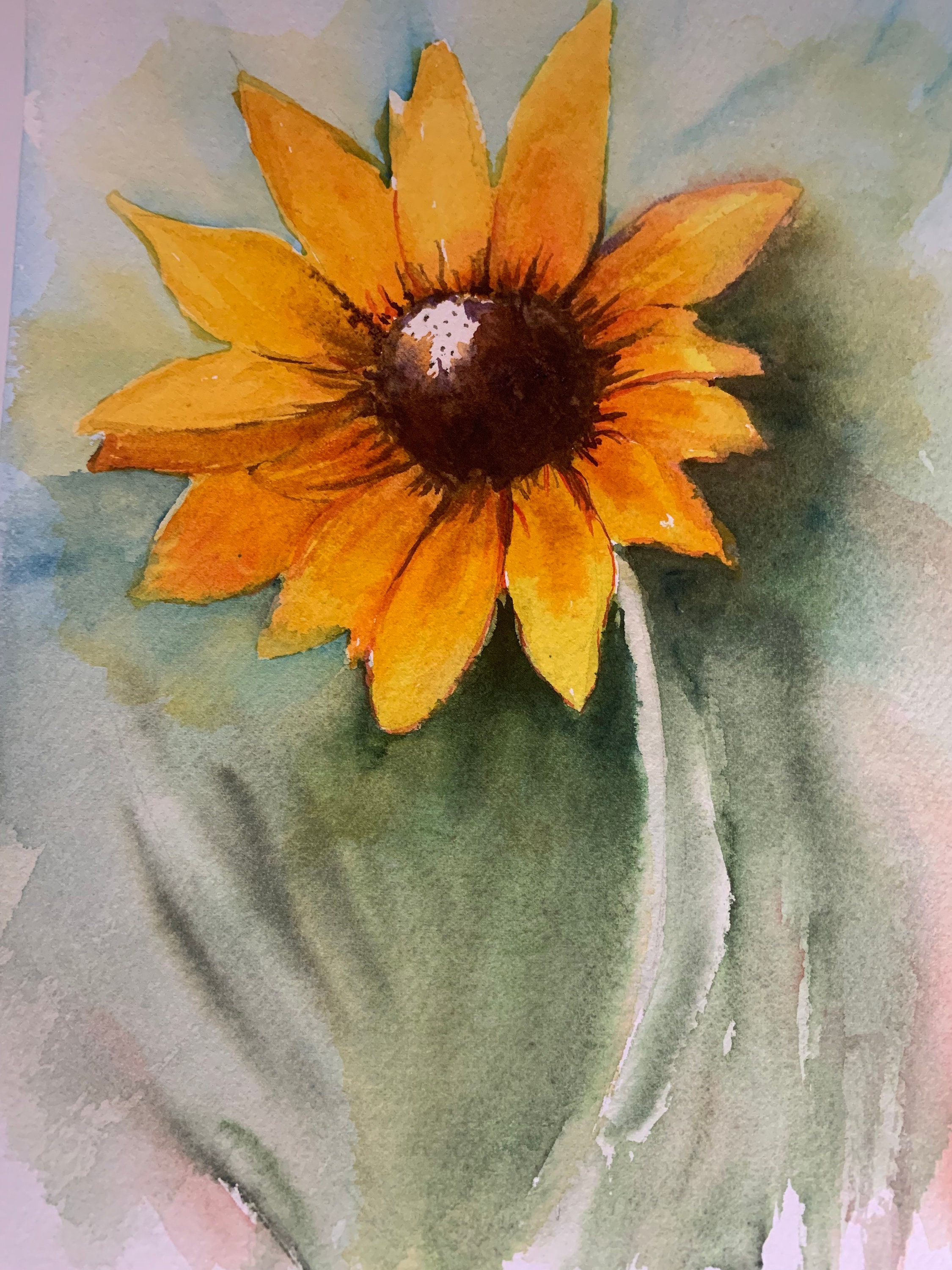 ひまわりとアゲラタム　水彩画 ひまわりの水彩画、ひまわりの水彩画の壁アート、黄色の花の