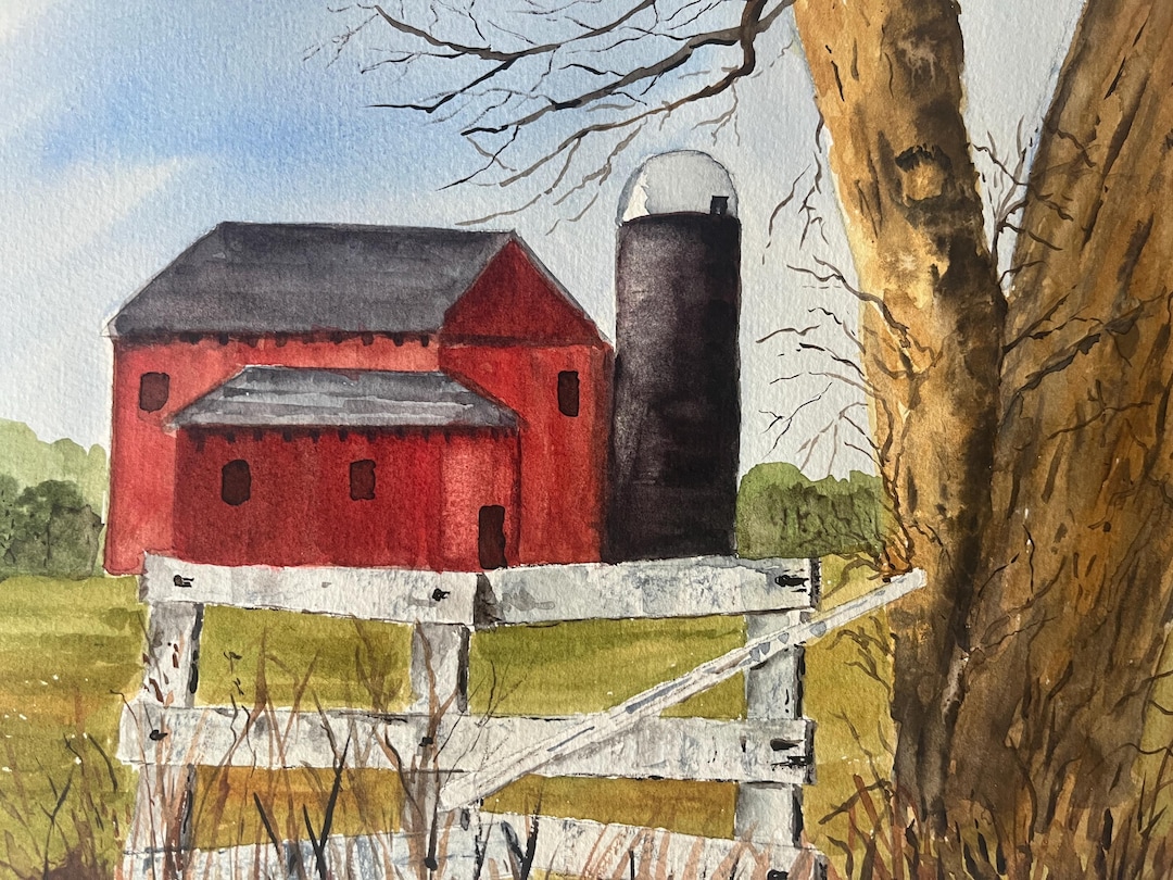 Old Red Barn Watercolor Wall Art, Farm Watercolor Painting, Farm Scene ...