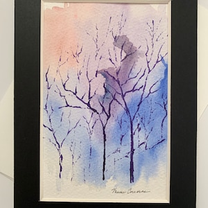 Tarjeta de felicitación con paisaje abstracto original, tarjeta artística con árboles abstractos, tarjeta abstracta con acuarela pintada a mano