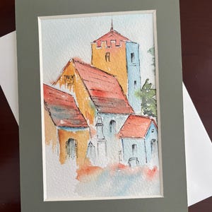 Carte de voeux aquarelle paysage urbain peinte à la main, carte de correspondance vierge paysage urbain aquarelle