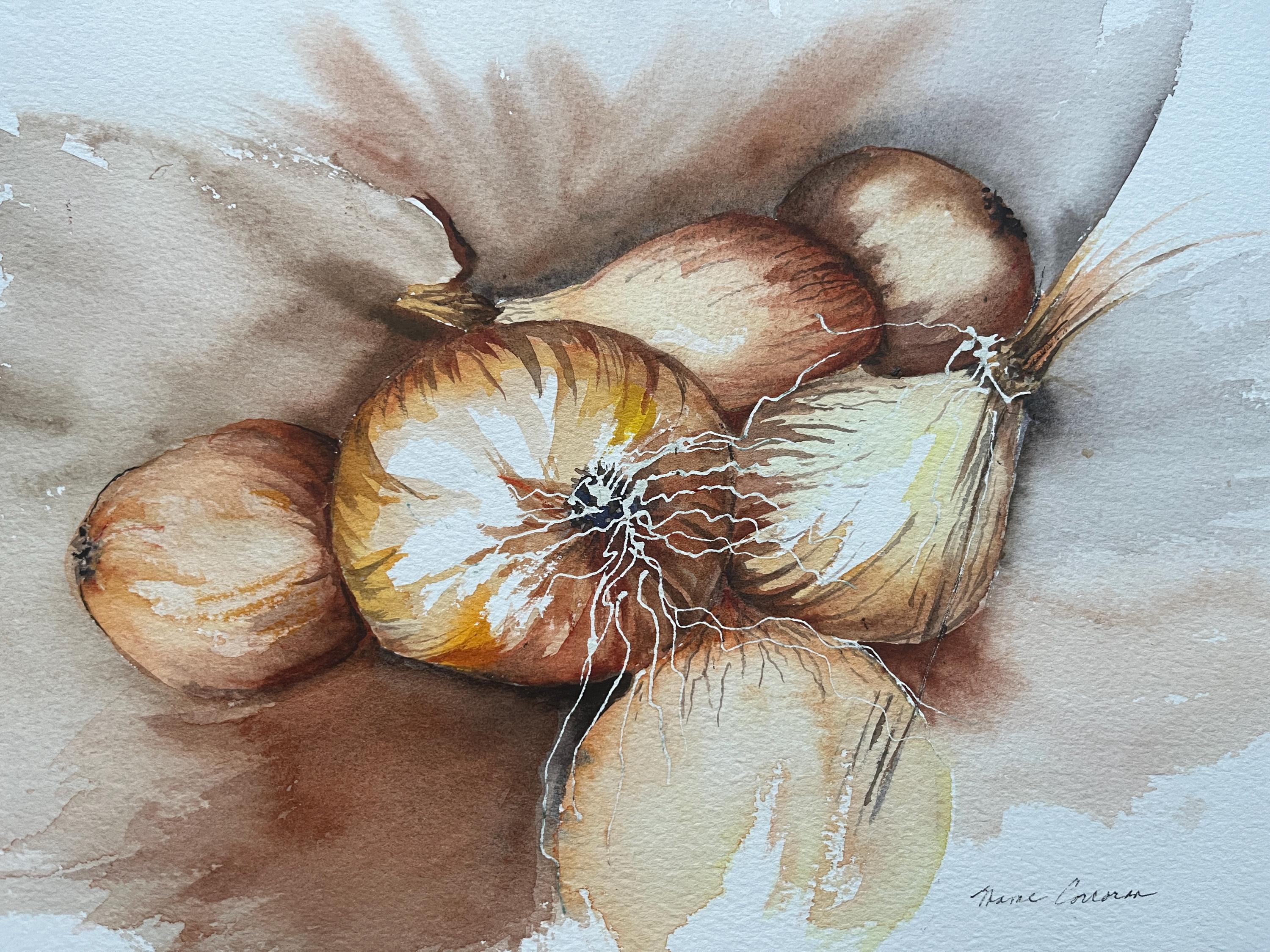 オリジナルの玉ねぎの静物画の水彩画、キッチンの水彩画、野菜の静物画