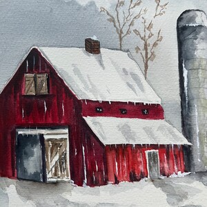 Red Barn in Snow Watercolor Painting, Winter Rural Landscape Painting ...