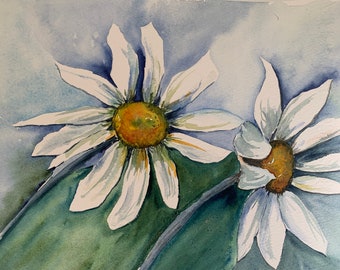 White Daisy Watercolor Wall Art, Original Daisy Watercolor, Floral Home Decor