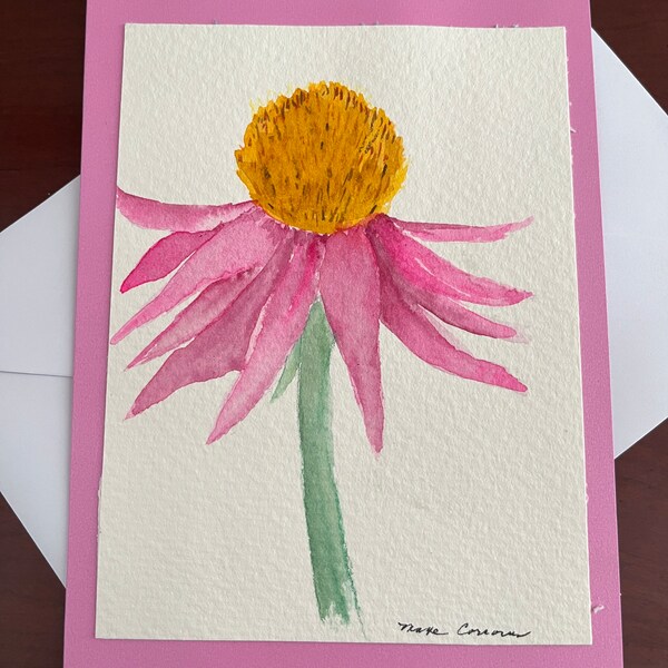 Original Abstract Pink Floral Card, Watercolor Coneflower Greeting Card, Abstract Floral Greeting Card