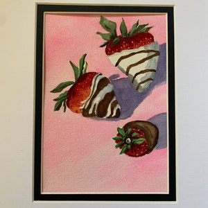 Watercolor Painting of Delectable Chocolate Covered Strawberries, Kitchen Watercolor of Chocolate Covered Strawberries