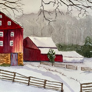 Winter Rural Landscape Watercolor Art, Original Red Barn Wall Art, Original Barn Scene Watercolor image 7