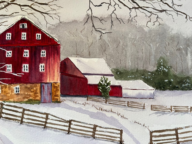 Winter Rural Landscape Watercolor Art, Original Red Barn Wall Art, Original Barn Scene Watercolor image 7