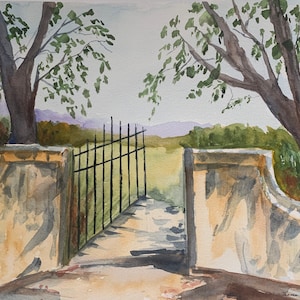 Garden Gate Watercolor Painting, Garden Gate Wall Art, Spring Garden Gate Watercolor Wall Art