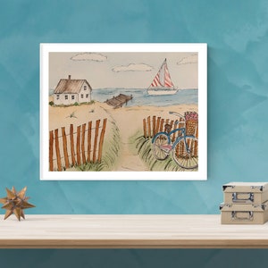 Pen and Ink Beach Scene, Watercolor Beach Wall Art, Pen and Wash Beach Art
