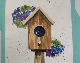 Original Birdhouse Watercolor Card, Hand Painted Birdhouse Greeting Card, Birdhouse Blank Note Card