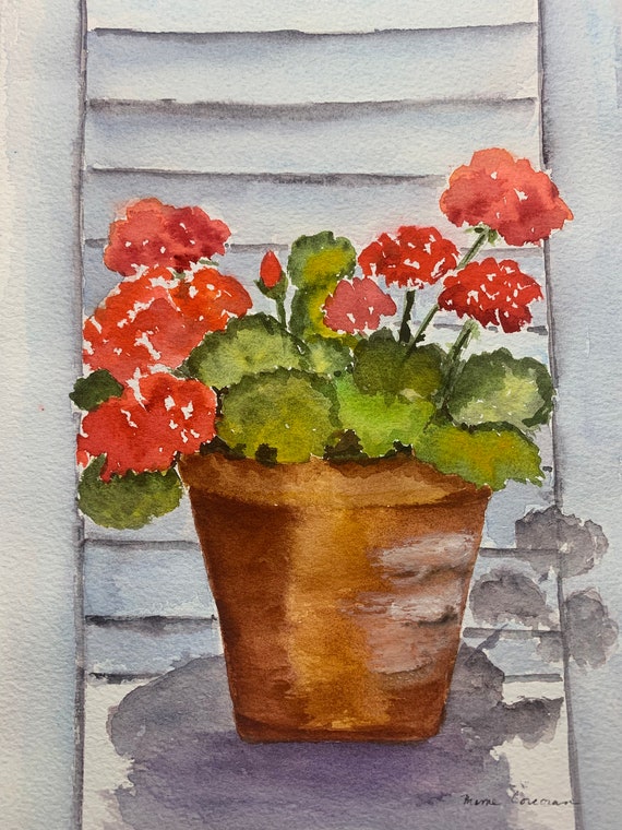 赤い蘭の花　水彩画　レランセナ 赤いゼラニウムの水彩画、ゼラニウムの壁画、赤い花の水彩画