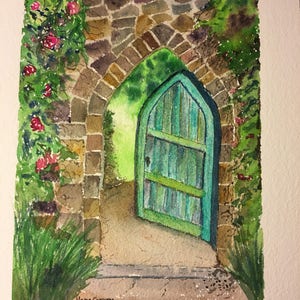 ORIGINAL WATERCOLOR GARDEN Painting, Green garden door painting, Stone Wall Painting