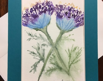 ORIGINAL FLORAL ART, Purple Floral Greeting Card, Watercolor Art Card, Purple flowers