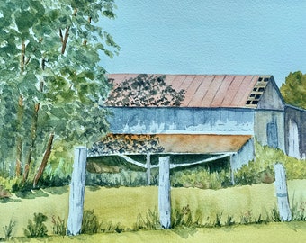 Original Barn Scene Watercolor Painting, Rustic Wall Art, Farm Scene Watercolor Art