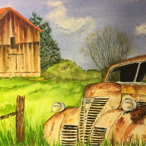 Farm And Abandoned Auto Art, Antique Auto Watercolor Painting, Farm and Auto Watercolor Art