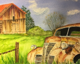 Farm And Abandoned Auto Art, Antique Auto Watercolor Painting, Farm and Auto Watercolor Art