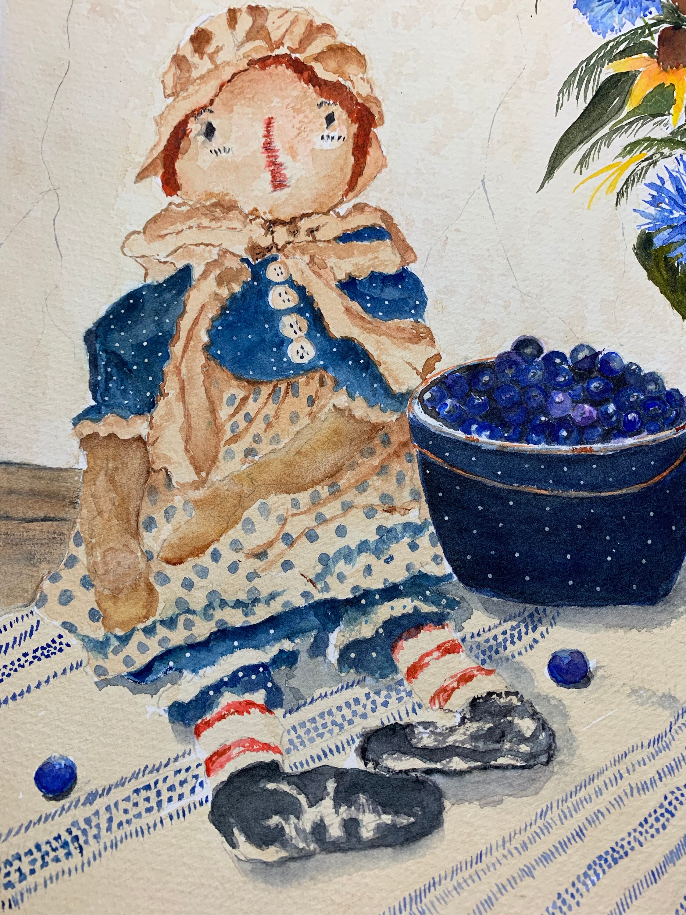 Still Life Ragged Raggedy Ann Still Life Watercolor, Blueberry Still Life Watercolor - Etsy