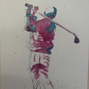 Könnte beinhalten: Aquarellmalerei eines Golfspielers im Schwung. Die Figur ist in Rosa-, Türkis- und Weißtönen dargestellt, mit einem Golfschläger, der sich über das Bild erstreckt. Das Kunstwerk ist unten rechts signiert.