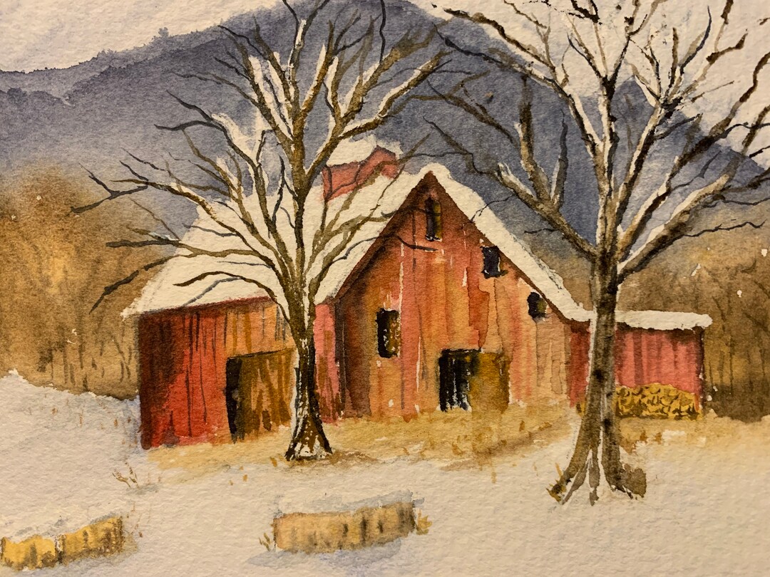 Winter Barn Watercolor Art, Winter Landscape Wall Art, Hand Painted Red ...