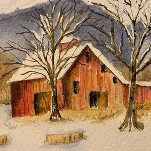 Winter Barn Watercolor Art, Winter Landscape Wall Art, Hand Painted Red Barn Landscape