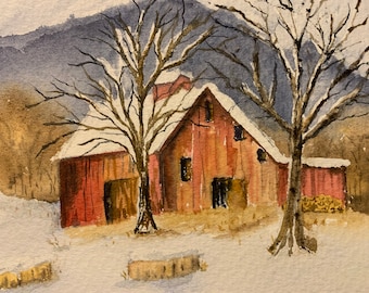 Winter Barn Watercolor Art, Winter Landscape Wall Art, Hand Painted Red Barn Landscape