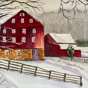 Winter Rural Landscape Watercolor Art, Original Red Barn Wall Art, Original Barn Scene Watercolor image 6