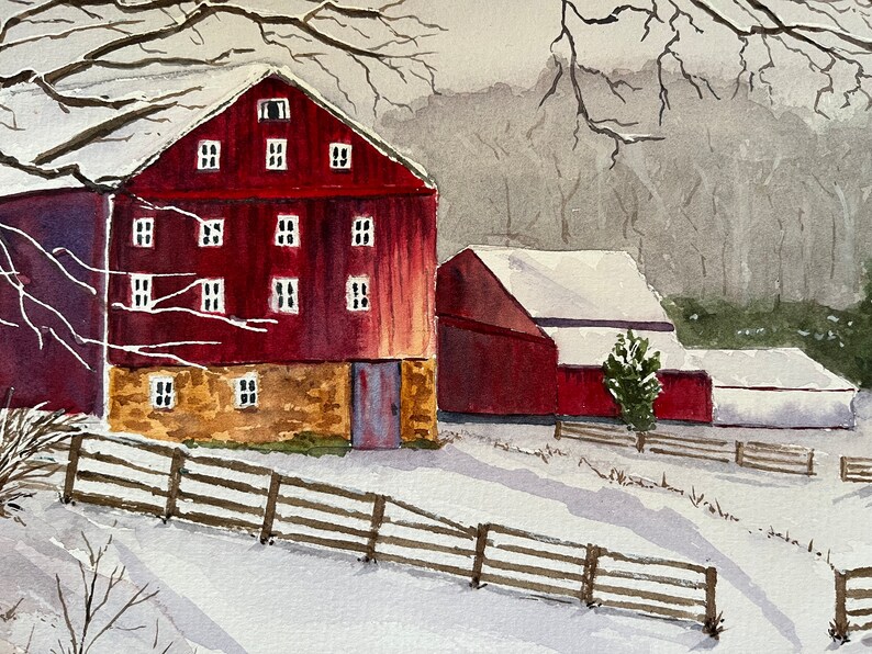 Winter Rural Landscape Watercolor Art, Original Red Barn Wall Art, Original Barn Scene Watercolor image 6