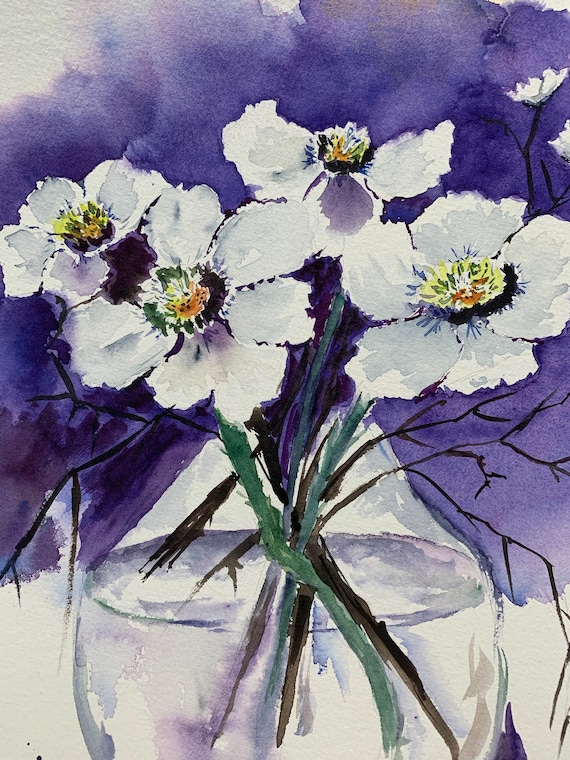 絵画 anemone WHITE ANEMONE WATERCOLOR Painting, White Floral Wall Art, Original