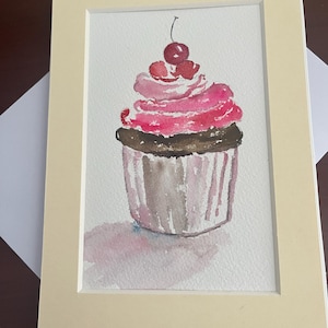 Handgeschilderde cupcake-verjaardagskaart, originele aquarel cupcake-wenskaart