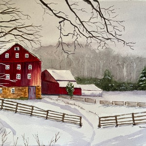 Winter Rural Landscape Watercolor Art, Original Red Barn Wall Art, Original Barn Scene Watercolor image 1