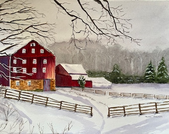 Winter Rural Landscape Watercolor Art, Original Red Barn Wall Art, Original Barn Scene Watercolor