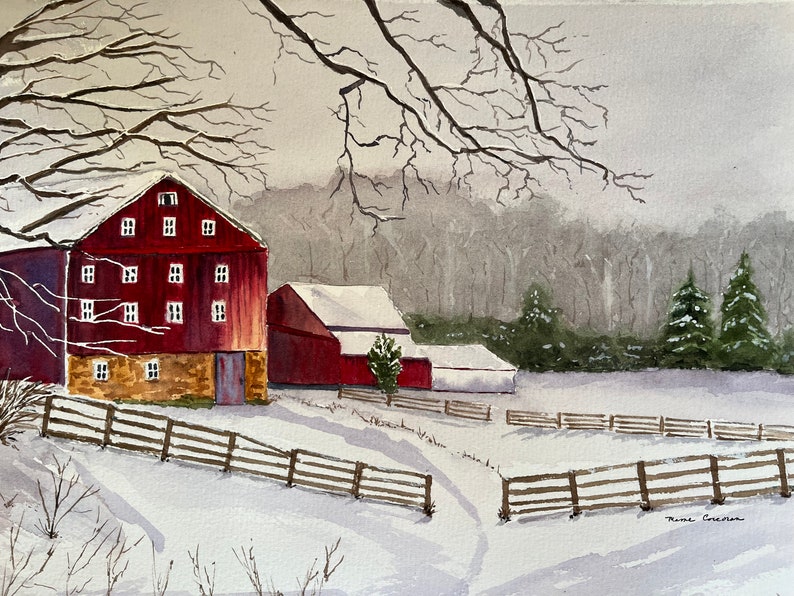 Winter Rural Landscape Watercolor Art, Original Red Barn Wall Art, Original Barn Scene Watercolor image 1