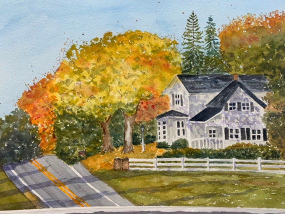田園風景 水彩画 木製フレーム付き 素朴な秋の風景の水彩画 - 趣のある田舎の風景画 - 秋の田園風景の
