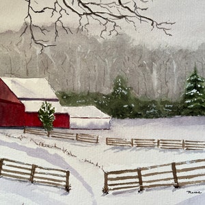 Winter Rural Landscape Watercolor Art, Original Red Barn Wall Art, Original Barn Scene Watercolor image 8