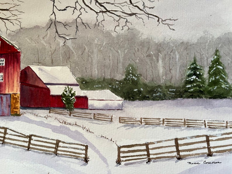 Winter Rural Landscape Watercolor Art, Original Red Barn Wall Art, Original Barn Scene Watercolor image 8