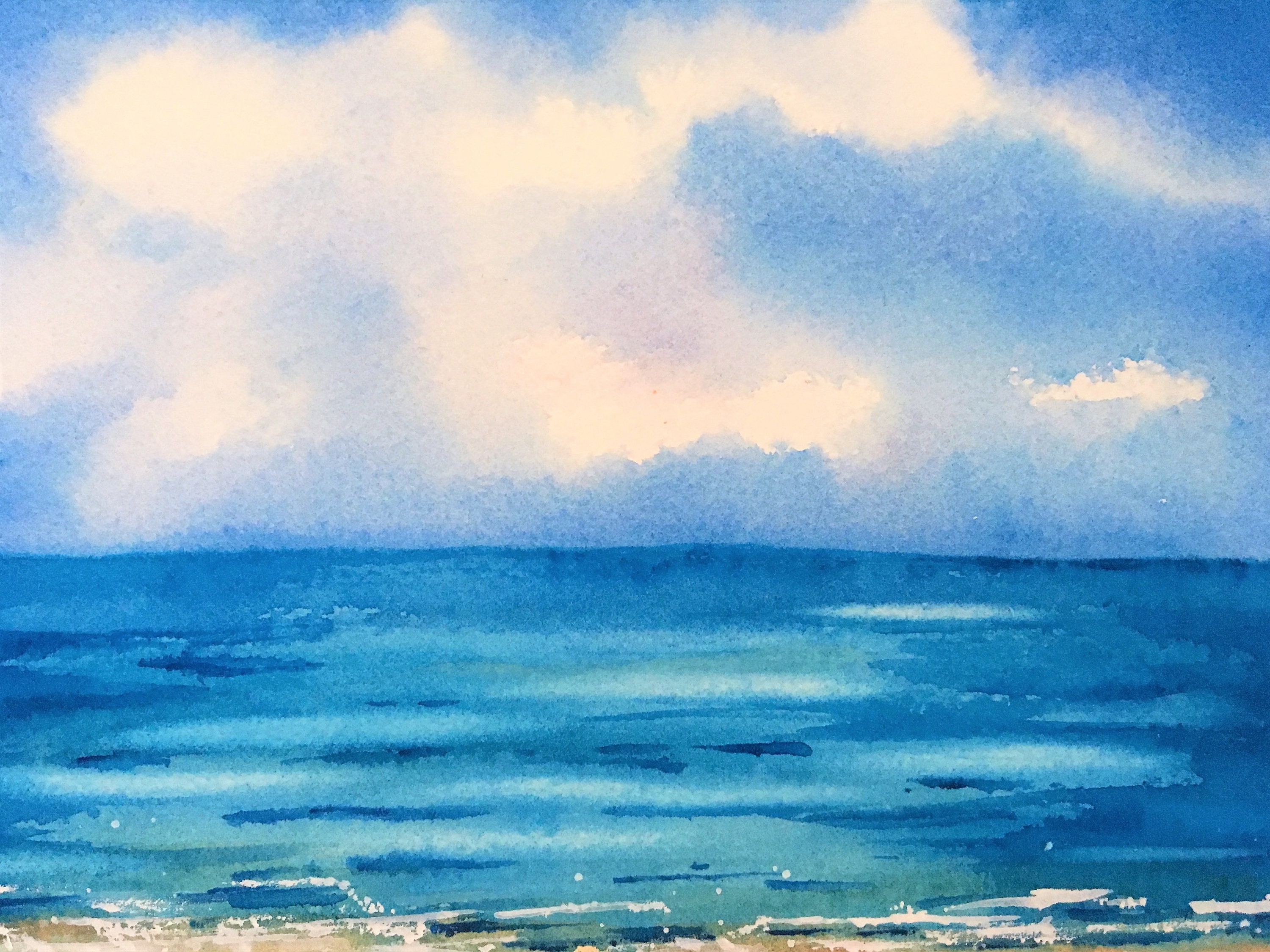 海の水彩画、夏のビーチの絵画 - Etsy 日本