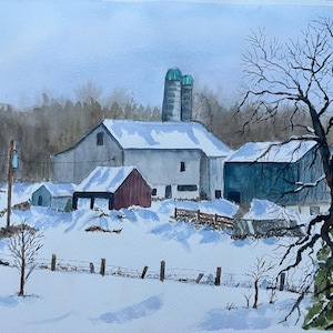 Winter Farmstead Watercolor Painting, Barns in Snow Watercolor Wall Art, Winter Farm Painting
